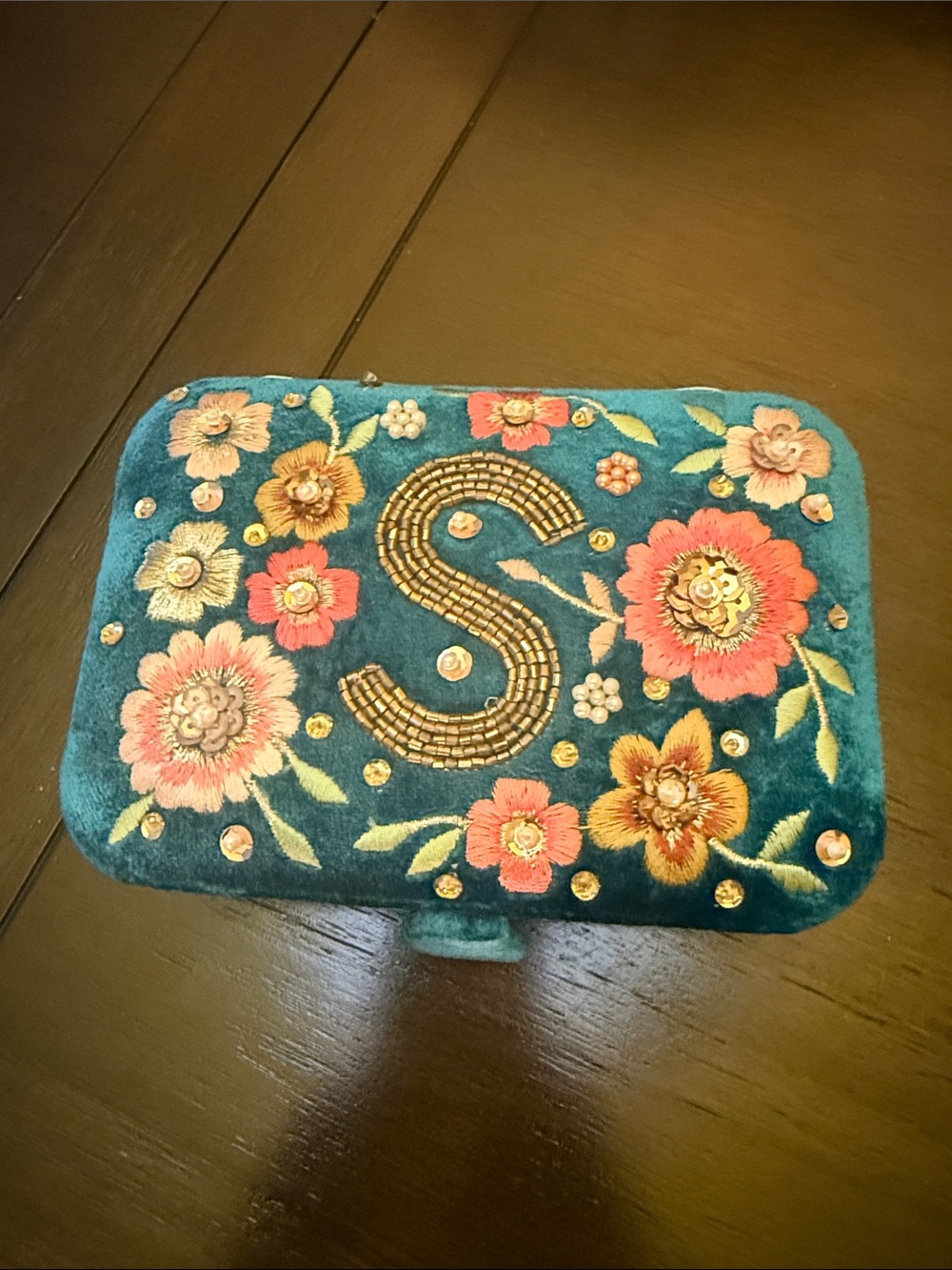 NYT Embroidered Floral Velvet jewelry box Beaded 'S'